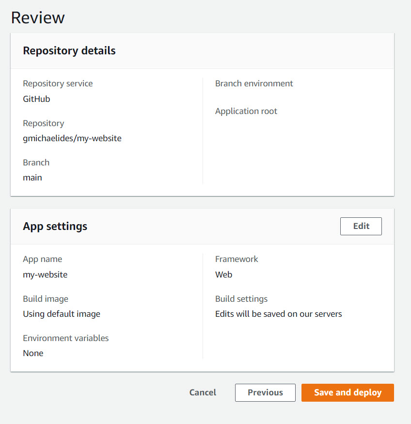 Review Amplify Hosting settings and Save and Deploy