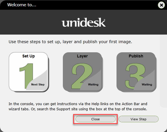 Unidesk appliance welcome dialog