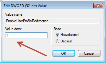 Value set to 1 for EnableUserProfileRedirection