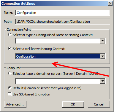 ADSI Edit Connect to Configuration