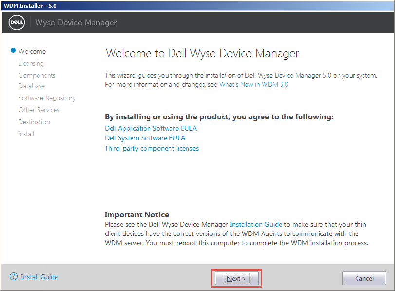Wyse Device Manager Welcome Screen