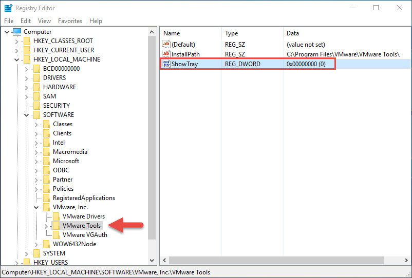 Hide VMware Tools tray icon registry