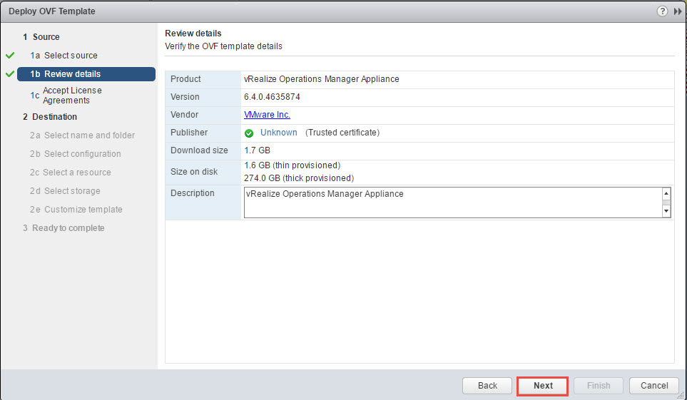 vRealize Operations Manager Review details during OVA deployment