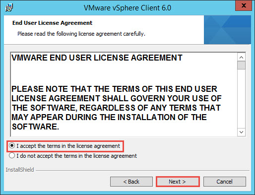 VMware vSphere Installer accept license agreement